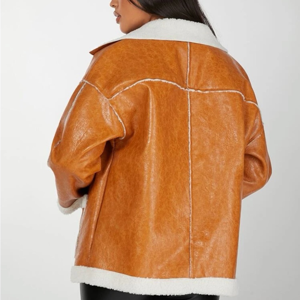Brown / camel / cognac Teddy Lined Drop Shoulder PU faux Leather Coat - Picture 2 of 5